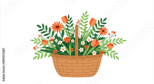 Wicker basket overflowing with beautiful orange tulips and white daisies accompanied by green leaves for a rustic floral look.