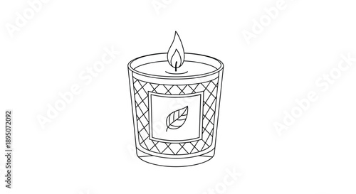 Simple black and white line art of a scented candle in a decorative glass jar with a leaf emblem on its label and a lit wick.