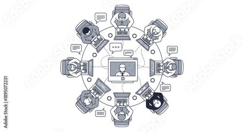 Remote team members connect via video conference on laptop with multiple screens