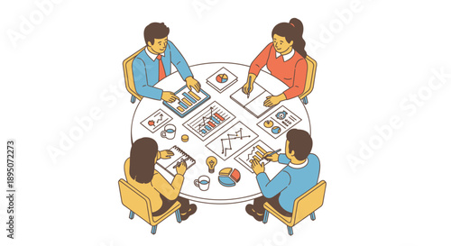 Business team meeting around a table with charts and graphs discussing strategy and data analysis