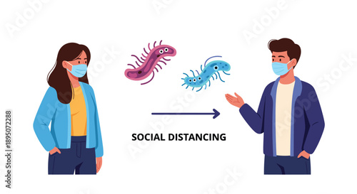 Man and woman wearing masks with virus icons and a social distancing text to promote health safety measures during a pandemic.