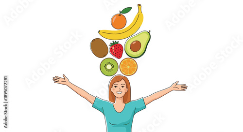 Happy young woman with her arms outstretched as various fresh fruits like orange, banana, kiwi, and avocado fall around her.