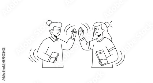 Two people high five while holding books symbolizing teamwork and friendship in education