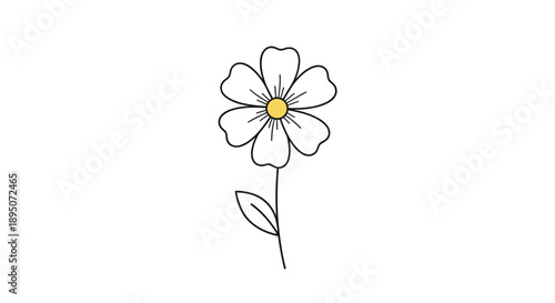 Minimalist outline of a five petal flower with a bright yellow center on a thin black stem representing simple beauty in nature design.