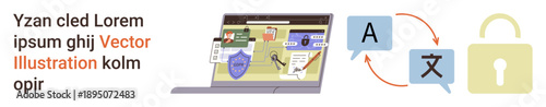 Language translation, cybersecurity, data protection, privacy, secure communication, online security. Laptop showing a digital interface with translation and lock icons. Cybersecurity and online data
