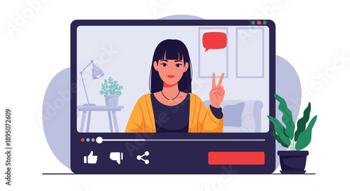 Young woman vlogger making a peace sign during a live video stream on a computer screen for social media and digital content creation.