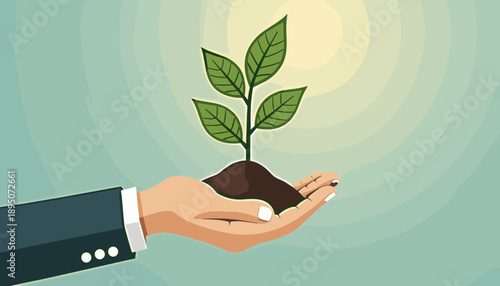 Hand in a suit holding a sprout, new beginnings and young generation concept illustration