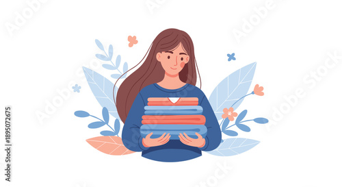 Gentle illustration of a young woman holding a stack of neatly folded laundry surrounded by decorative flowers and blue leaves at home.