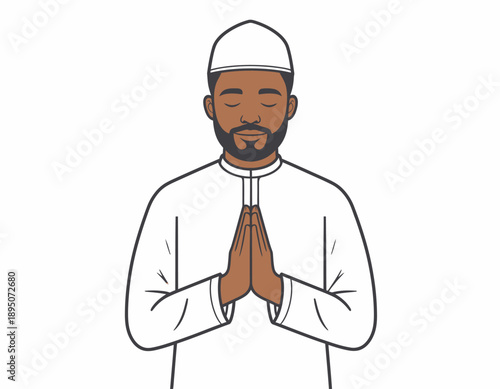 A man in traditional religious attire with hands pressed together in prayer or greeting, conveying peace and respect