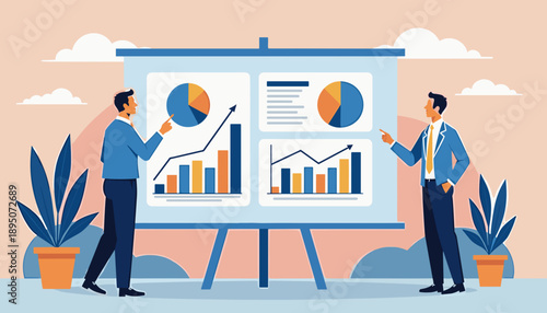 Two men discussing charts and graphs, business analysis and collaboration concept illustration