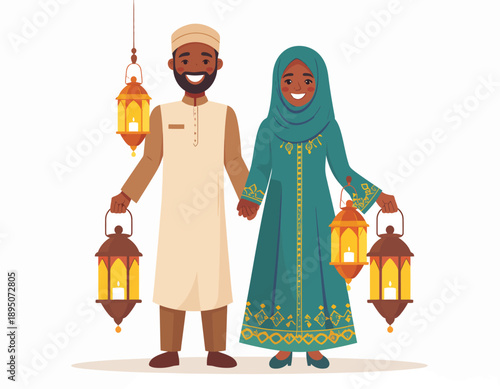 Ramadan Mubarak A Happy Muslim Couple Holding Lanterns During the Holy Month of Ramadan