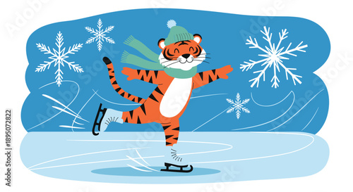 Happy cartoon tiger wearing a warm hat and scarf ice skating on a frozen pond with large snowflakes on a blue winter background for kids.