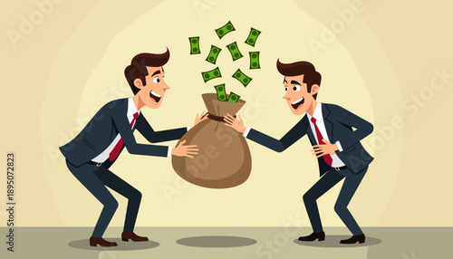 Two men in suits celebrating a bag of dollar bills, financial success and partnership concept illustration
