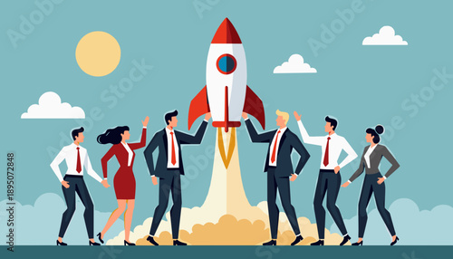 Colleagues celebrating around a rocket launch, teamwork and achievement concept illustration