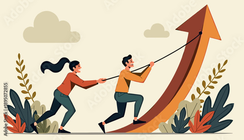 Two people lifting an upward arrow in nature, teamwork and growth concept, progress illustration