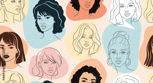 Seamless pattern featuring various diverse women faces with different hairstyles and skin colors on a pastel background for empowerment.