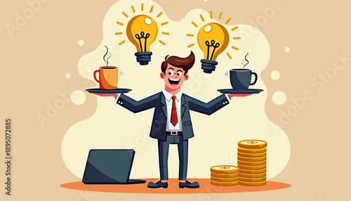 Man holding two cups, generating ideas with light bulbs, laptop and coins nearby, creativity concept