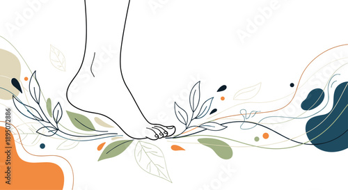 Artistic line drawing of a bare foot walking on a path of leaves and abstract fluid shapes for wellness and natural health concepts.