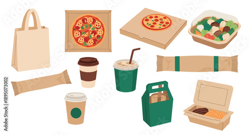 Comprehensive set of eco-friendly takeaway food packaging includes pizza boxes, coffee cups, salad containers, and paper bags.