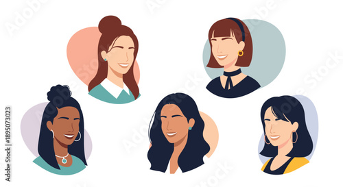 Diverse group of female portraits showcases various ethnicities and hairstyles in a modern flat illustration style for social media.