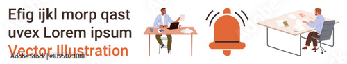Remote work, office communication, digital alerts, teamwork, notifications, productivity. Two office workers sit at desks with a notification bell symbol. Remote work and office communication
