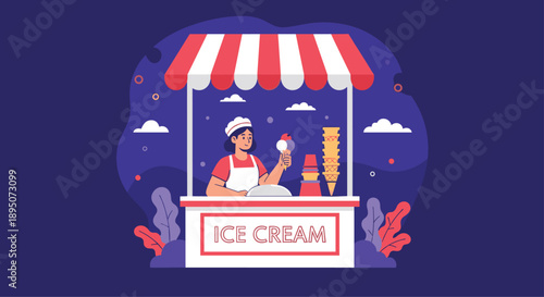 Friendly worker serves customers from a colorful ice cream stall featuring a striped awning and delicious frozen treats at night.