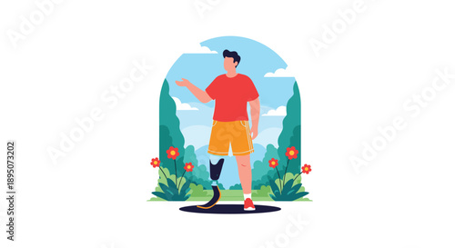 Active man with a modern prosthetic leg stands in a beautiful flower garden under a blue sky enjoying a healthy lifestyle outdoors.