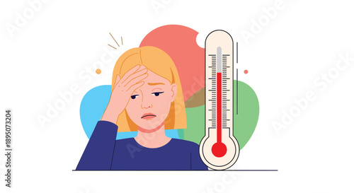 Ill girl suffers from a fever and headache while a large thermometer shows a high temperature indicating a seasonal flu or cold.