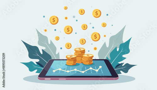 Tablet screen displaying a graph with gold coins, online payment concept, e-commerce background