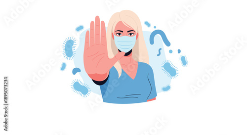 Concerned woman wearing a protective medical face mask holds her hand out in a stop gesture to prevent the spread of harmful bacteria.