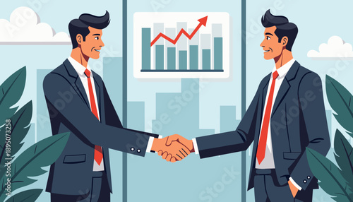 Business partners shaking hands, confident mood, in an office with graphs on the wall