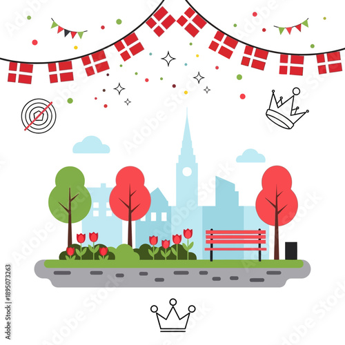 Danish national celebration with flags and festive decorations in Copenhagen cityscape