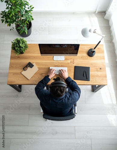 Overhead view of a person working on a computer at a modern wooden desk with plants.