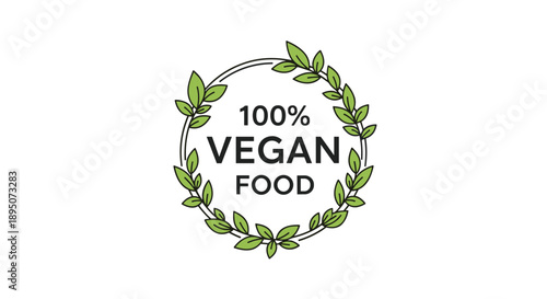 Circular logo for vegan food products features a decorative green leaf wreath surrounding bold text for organic and plant-based items.