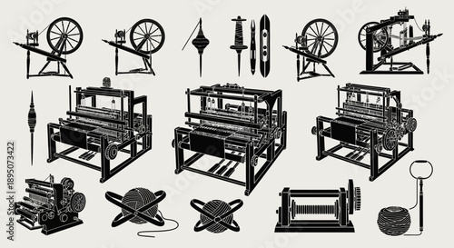 Vintage Textile Manufacturing Equipment Vector Illustration Set