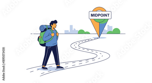 Vector illustration of a traveler with backpack looking at a road leading to a midpoint sign, cityscape in background, for website or presentation use, isolated on transparent background, png