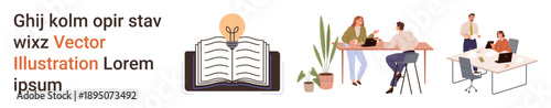 Business communication, learning resources, teamwork, creative discussions, modern workspaces, brainstorming sessions. An open book with a lightbulb and two scenes of workplace interaction. Business