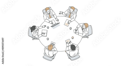 Business team meeting in a circle with laptops and papers discussing ideas