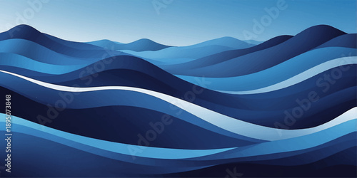 Abstract blue wave background featuring a serene mountain landscape under a sunset sky with clouds and mist over a calm sea vector illustration