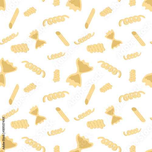 Clean, seamless vector pattern featuring a variety of dry pasta shapes, including farfalle, penne, and fusilli, ideal for Italian restaurant branding, grocery packaging, and kitchen textiles.