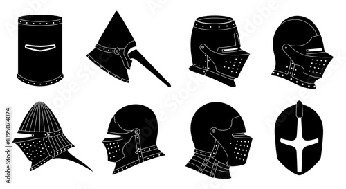 Black Silhouette Medieval Knight Helmets Vector Set