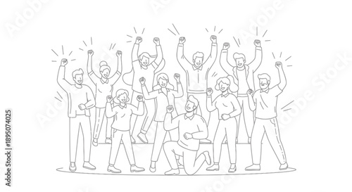 Diverse group of people celebrating with raised arms in triumph and excitement together