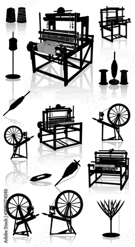 Textile Weaving and Spinning Equipment Silhouette Vector Set