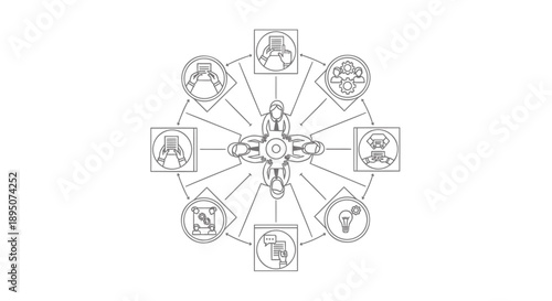 Interconnected icons representing various aspects of life and technology