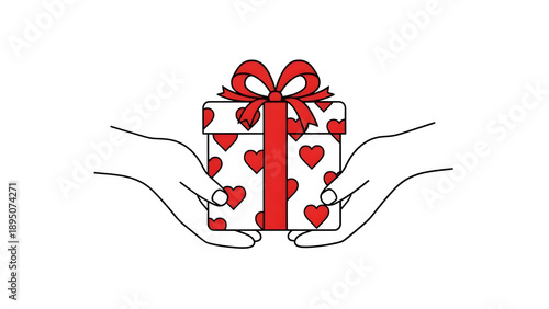 A loving gesture of giving: hands presenting a beautifully wrapped gift box with red hearts