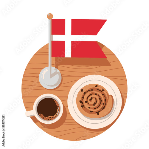 Danish flag with coffee and pastry on a wooden table