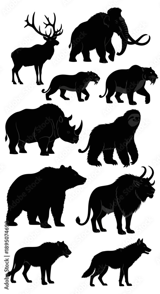 Fototapeta premium Black Silhouette Vector Set of Prehistoric and Wild Animals