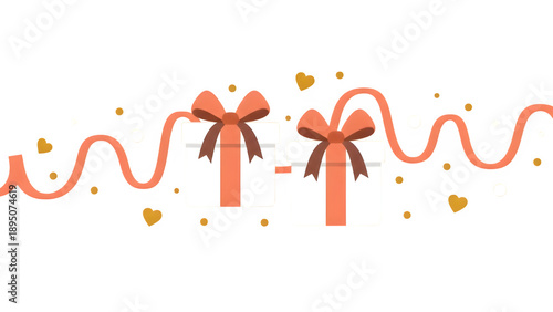 Celebratory gift boxes with coral ribbons, golden hearts, and festive confetti