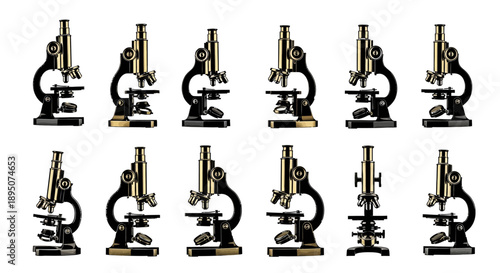 Vintage Black and Gold Microscope Vector Set on White Background