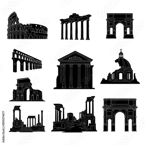Black Silhouette Roman Architecture Ruins Vector Set